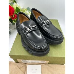 Men's Gucci Men's Black Leather Horsebit Lug Sole Loafers size 12 made in Italy
